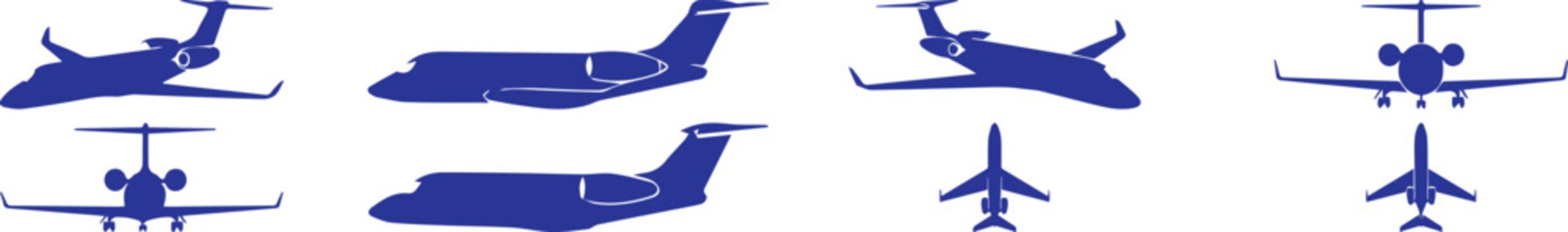 Private jet silhouettes in blue, 8 business airplane vector icons, luxury corporate aircraft from multiple angles for travel design