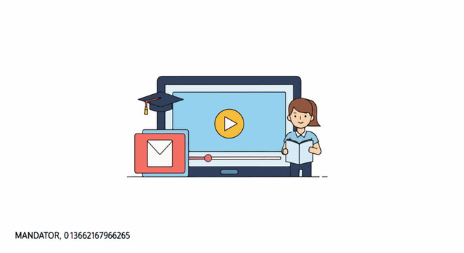 A cartoon woman holding a book beside a large laptop with a play button on the screen