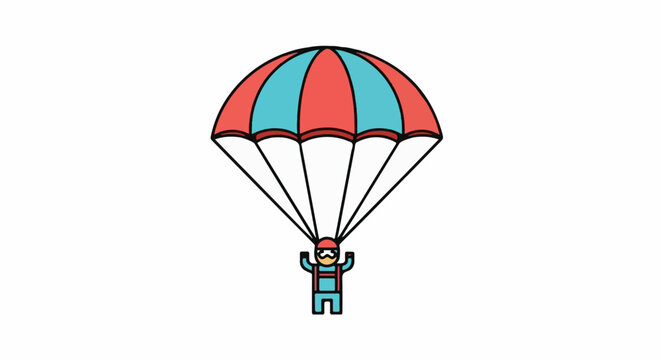 A cartoon man wearing a red helmet, blue jumpsuit, and red parachute harness flies through the air under a red and blue parachute