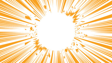 Fototapeta premium Orange sunburst radial burst graphic with white center circle for comics, banners and design projects. Abstract vector background.