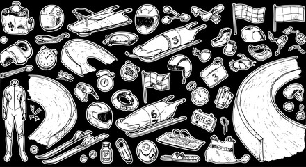Winter Sports Bobsleigh, Luge, and Skeleton Equipment Monochrome Line Art Vector Illustration Set © lincen