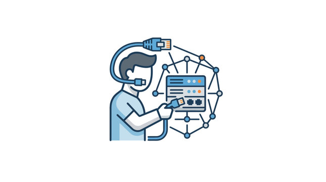 IT Support Technician Connecting Network Cables to Server Interface