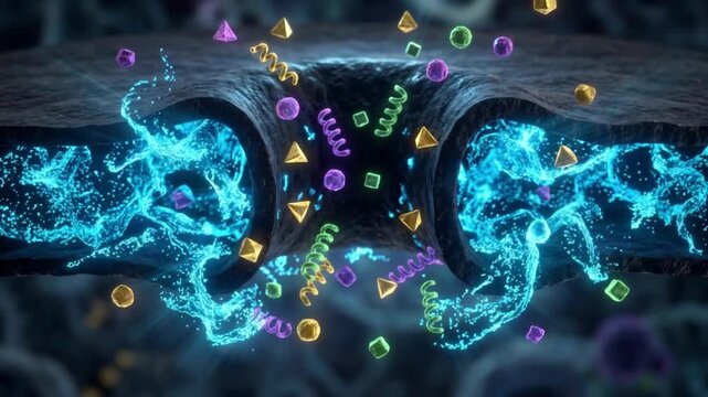 ネオンブルーの幾何学粒子が結合状態からカオスな流体へと分散する物理シミュレーションCG