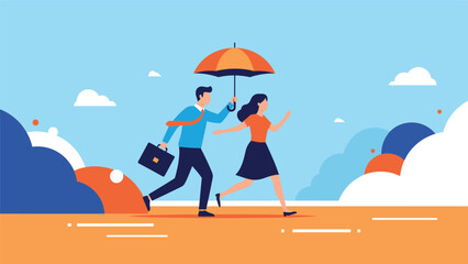 Fototapeta premium Professional man holding an orange umbrella to protect a running female colleague representing support and cooperation in business.