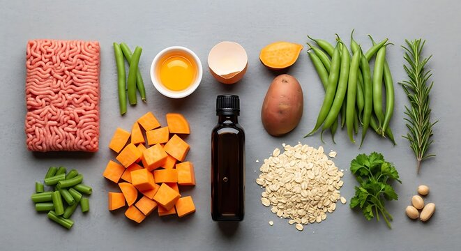 Fresh raw ingredients for cooking healthy meal including meat vegetables and herbs. DIY canine diet