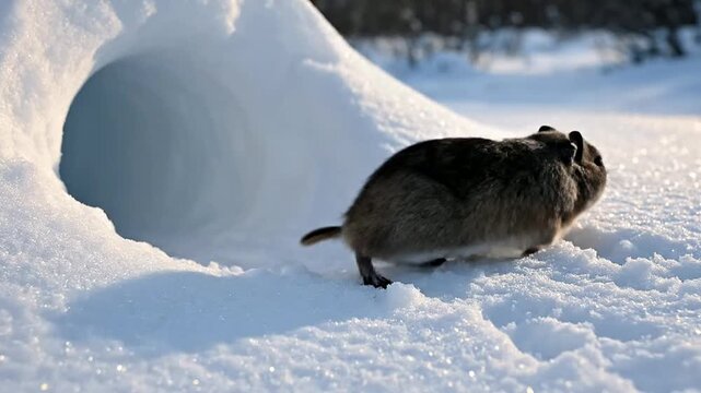 Vole Emerging From A Snowy Tunnel In A Winter Meadow, Captured In Stunning Detail In 4K Resolution