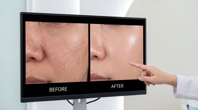 Before and after comparison of facial skin showing enlarged pore reduction, improved texture, and smoother complexion, highlighting effective skincare treatment results