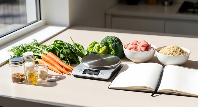 Fresh vegetables, digital scale, and notebook on a kitchen counter for healthy meal preparation. DIY canine diet