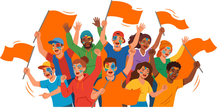 Diverse group of people cheering and waving orange flags