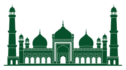 Fototapeta premium A majestic green mosque with minarets and domes stands in a serene environment.