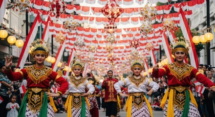 Fototapeta premium Indonesian Traditional Dancers in Vibrant Costumes Performing During a Festival Parade.