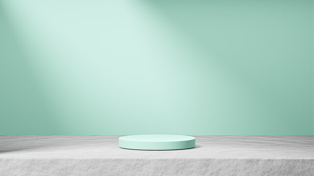 isolated mint candy podium on cement with sunbeams light on the background, mint candy background, product replacement