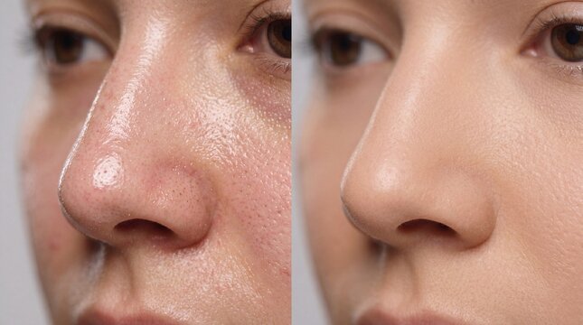 Oily skin large pore blackhead and redness on nose compared to smooth clear matte skin texture close up female face skincare result