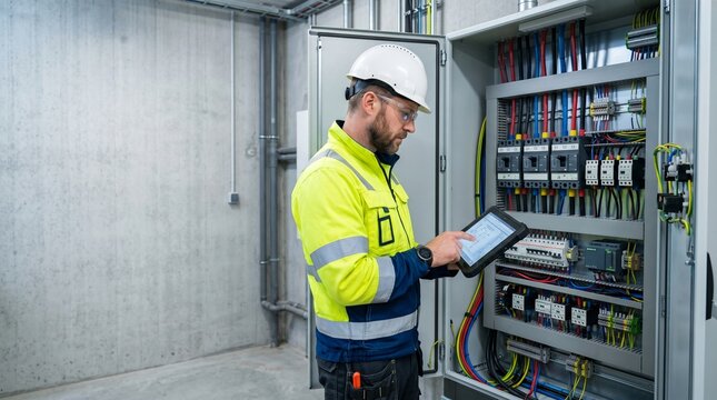 Professional electrician inspecting electrical control cabinet with tablet in industrial plant. Caucasian specialist checking wiring, breakers and automation equipment during maintenance work.