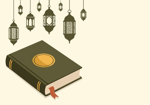 Holy Quran with Hanging Lanterns Illustration for Ramadan and Islamic Background