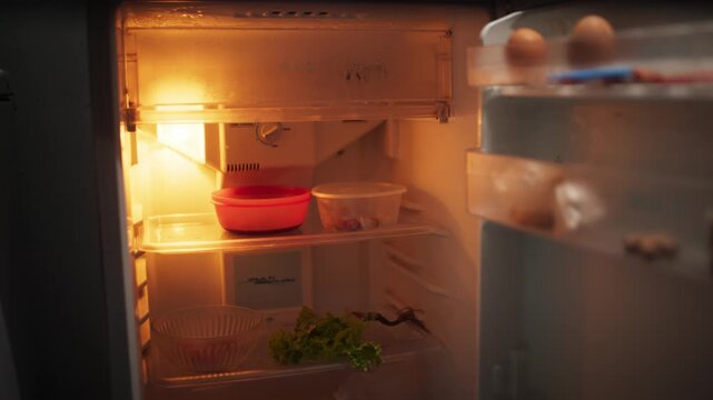 Opening Refrigerator with Nearly Empty Interior at Home