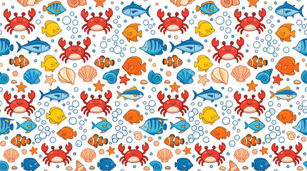 Colorful cartoon sea life pattern with crabs fish and seashells © nanas