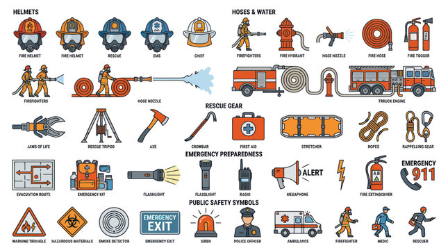 Firefighting equipment and emergency rescue icon collection
