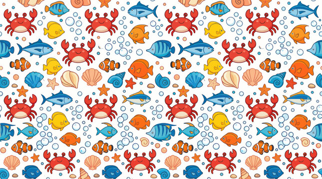 Colorful cartoon sea life pattern with crabs fish and seashells