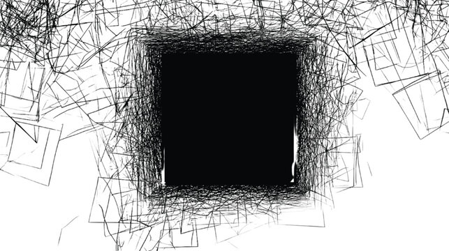 Box shape defined by layers of tangled black scribble lines creates a deep central void that contrasts sharply with the surrounding white background to provide a striking frame for editorial content.