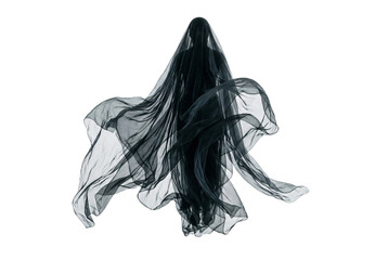 Fototapeta premium Dark ghost figure draped in swirling sheer black and white fabric, dynamic ethereal spirit apparition floating dramatically.