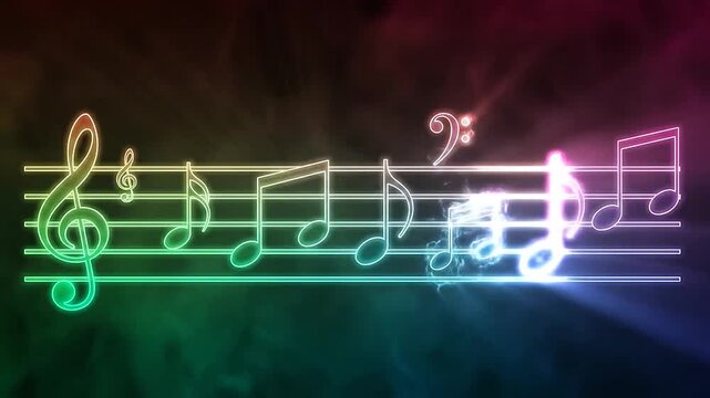 Glowing rainbow musical notes on a dark background