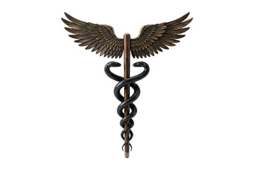 Fototapeta premium Bronze gold caduceus medical symbol with dark feathered wings and two black serpents entwined around dark wooden staff.