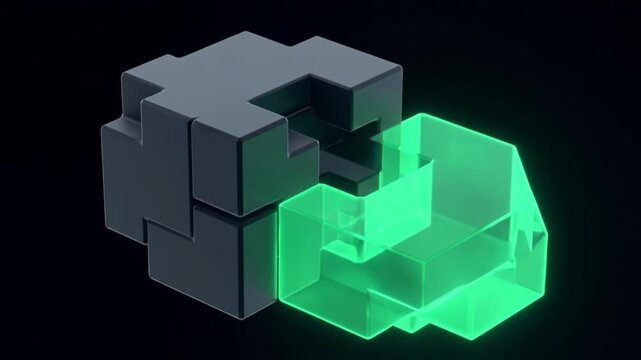 ネオンエメラルドの幾何学基質に酵素分子が密着し完全な結合状態へと変化する抽象的な物理シミュレーションCG