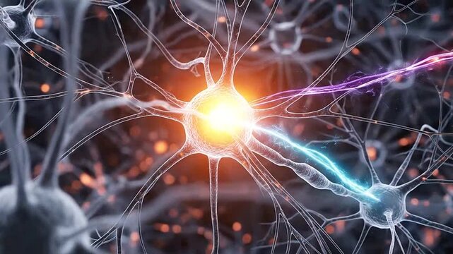 Abstract visualization of neural network firing with glowing electrical impulses