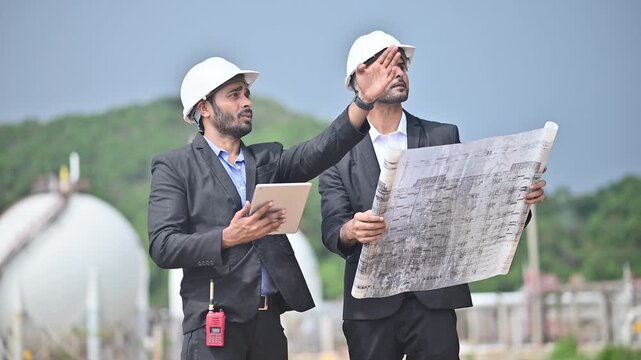 Engineers wearing safety gear, including hard hats examining survey a large blueprint tablet standing industrial facility gas or oil refinery engaged in a job requires high safety standards concept.	