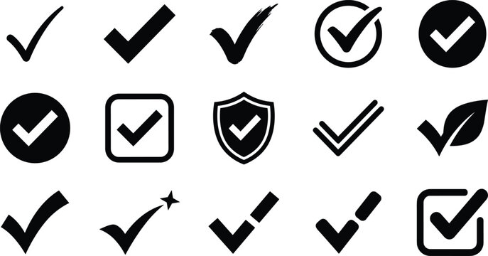 Check mark and approval tick icon set featuring black circle square checkbox brush shield leaf and star option vectors