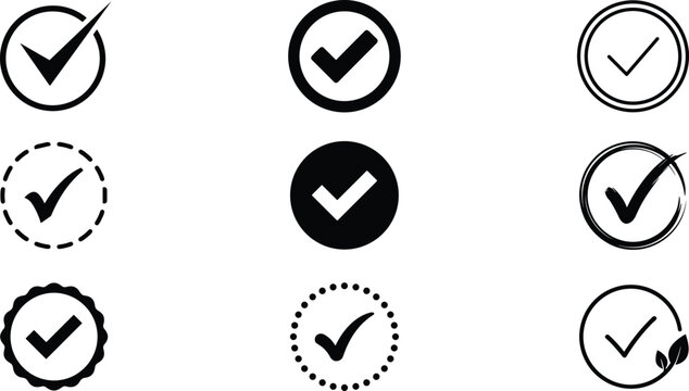 Check mark and approval tick icon set featuring circular ok success yes confirm true right vote and option vectors