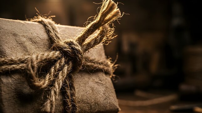 Rustic parcel tied with jute rope in a dimly lit workshop setting