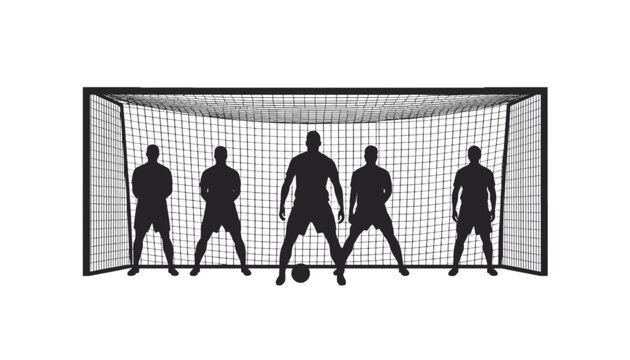 Soccer players stand in a defensive wall formation on the pitch during a competitive football match.
