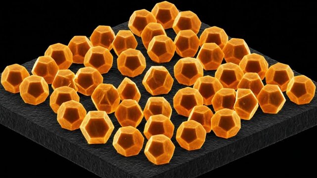 ネオンアンバーの幾何学タンパク質構造がカオスなブラウン運動から整列した個体状態へと収束する物理シミュレーションCG
