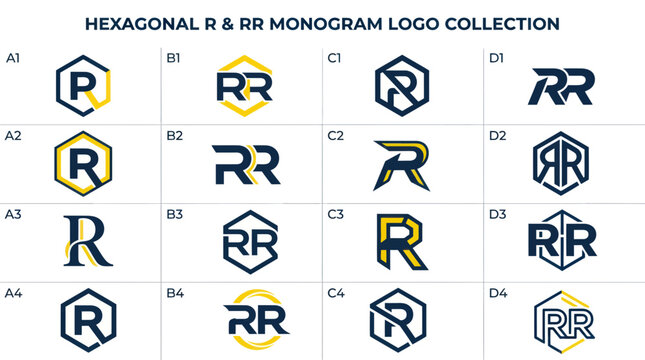 Professional letter r and rr monogram logos with hexagonal shapes