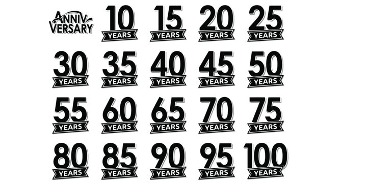 Anniversary milestone badges collection 10 to 100 years of celebration