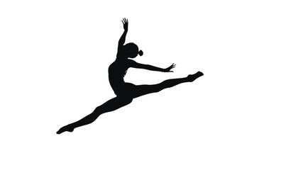 Fototapeta premium Gymnast silhouette performs an elegant mid-air leap against a clean white background for display.
