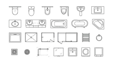 Architectural bathroom floor plan symbols, 26 plumbing fixture icons for interior design, top view sanitary ware vector set for house blueprints © Ahmad