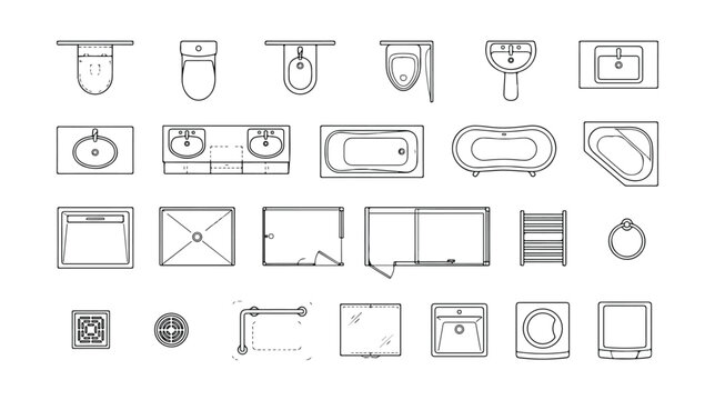 Architectural bathroom floor plan symbols, 26 plumbing fixture icons for interior design, top view sanitary ware vector set for house blueprints