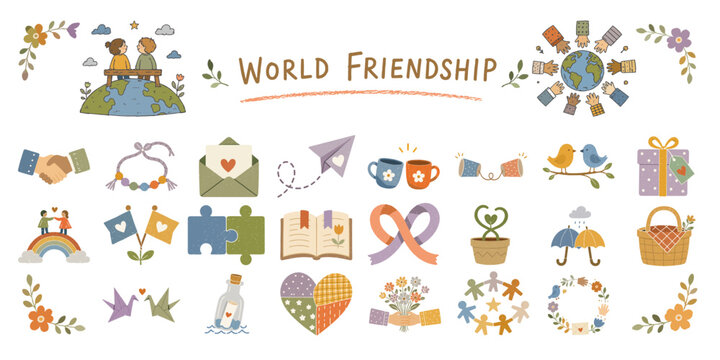 世界の友情をテーマにした手描きイラストセット／World Friendship Illustration Set、Global Unity Icons