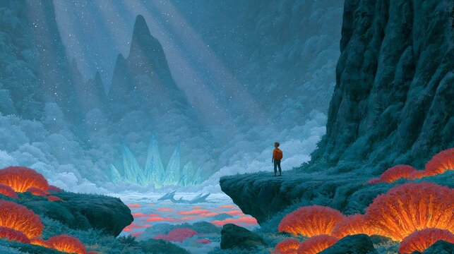 Small human figure observes an alien landscape filled with luminous flora