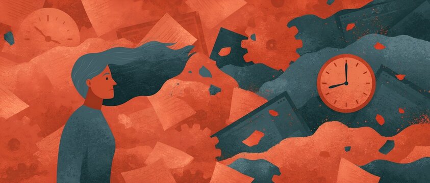 Person faces shattered clocks