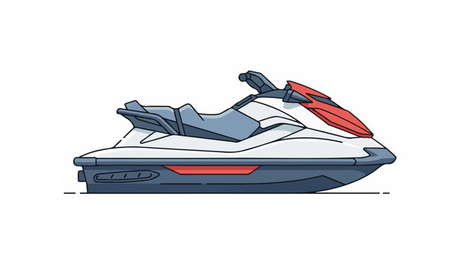 A cartoon-style illustration of a white and blue jet ski with a red accent