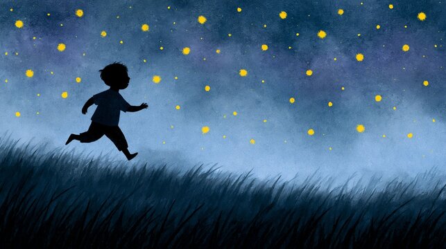 Young child silhouetted running in field