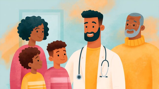 Doctor consults with happy family during routine checkup