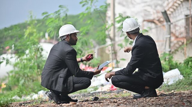 Engineers wearing safety gear, including hard hats examining survey a large blueprint tablet standing industrial facility gas or oil refinery engaged in a job requires high safety standards concept.	