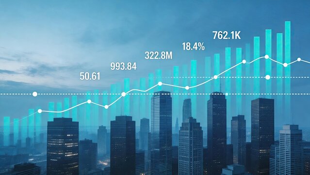 Financial growth chart overlay on modern city skyline, business success concept with rising data bars and analytics trend lines for corporate investment strategy planning