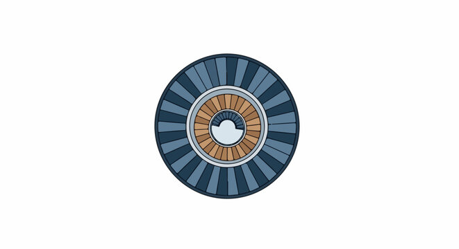 A circular graphic with a white background and a blue and brown iris-like design