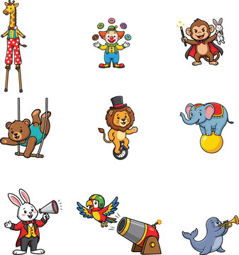 Cute circus animals and funny cartoon characters vector set